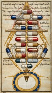 Alchemical illustration of capsules arranged in a pyramid with ornate lines and handwritten text