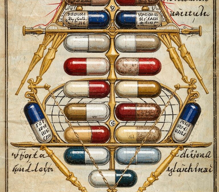 Alchemical illustration of capsules arranged in a pyramid with ornate lines and handwritten text